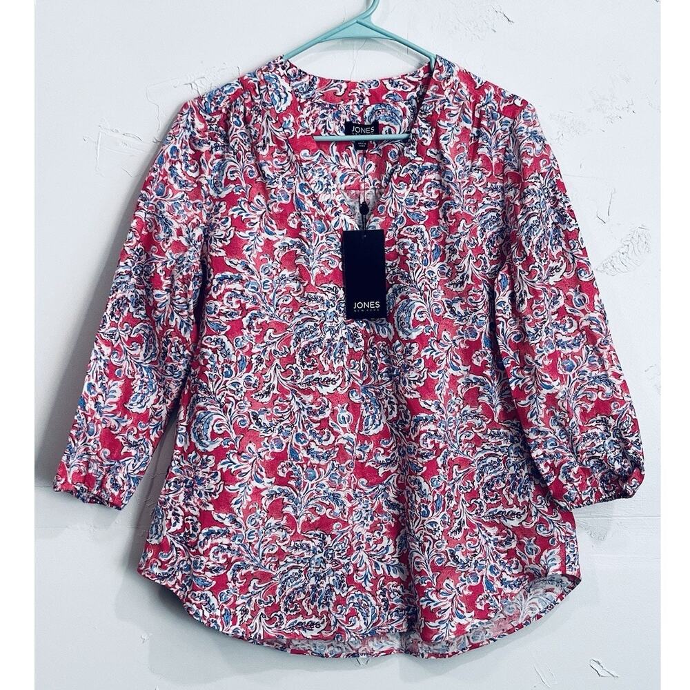 NWT Jones New York Pink Printed V Neck Blouse Size Medium M Elastic Cuff 3/4 Sl - Picture 1 of 9